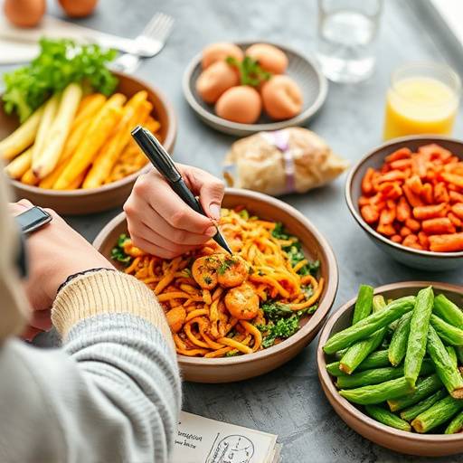 A person writing a meal plan with healthy recipes and grocery lists
