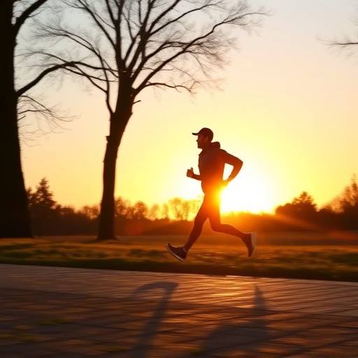 Person jogging in a park at sunrise